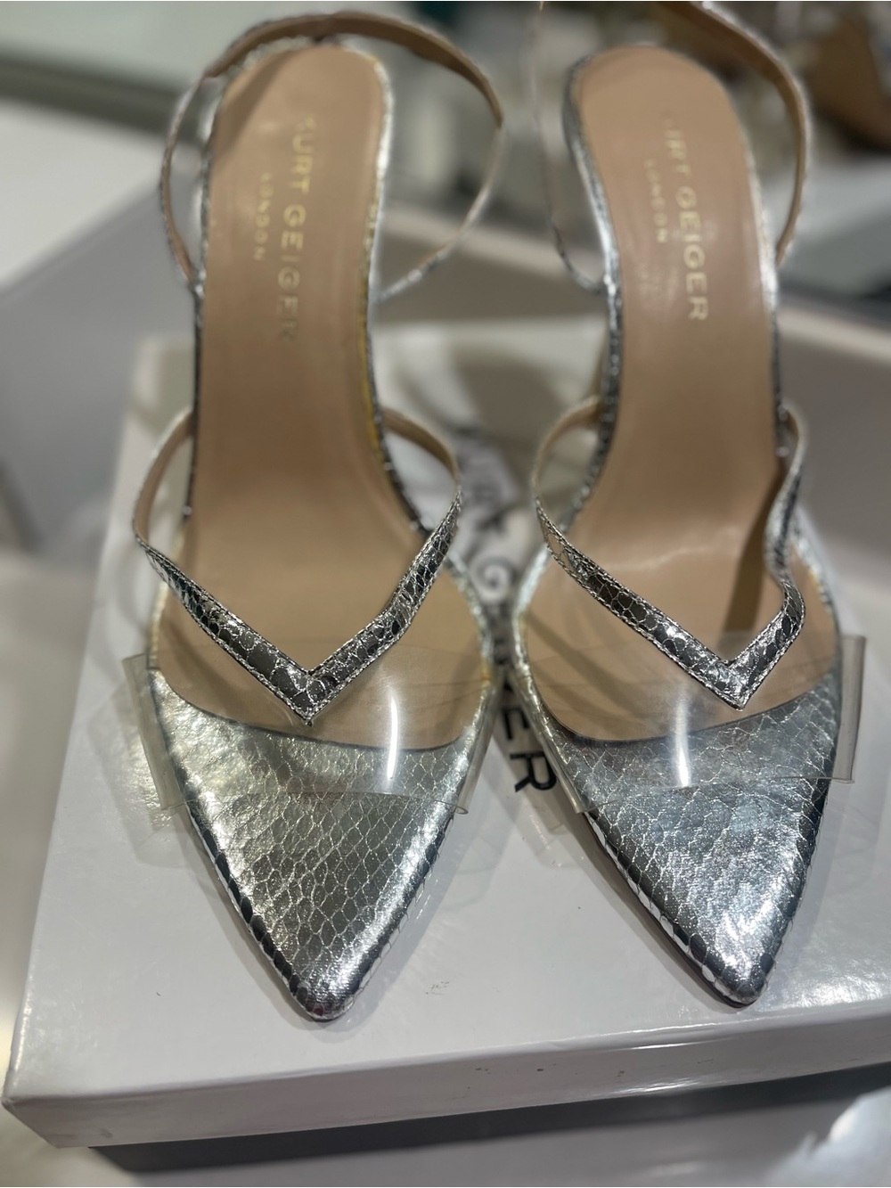 Kurt Geiger Silver Pointed Toe Slingback Heels
